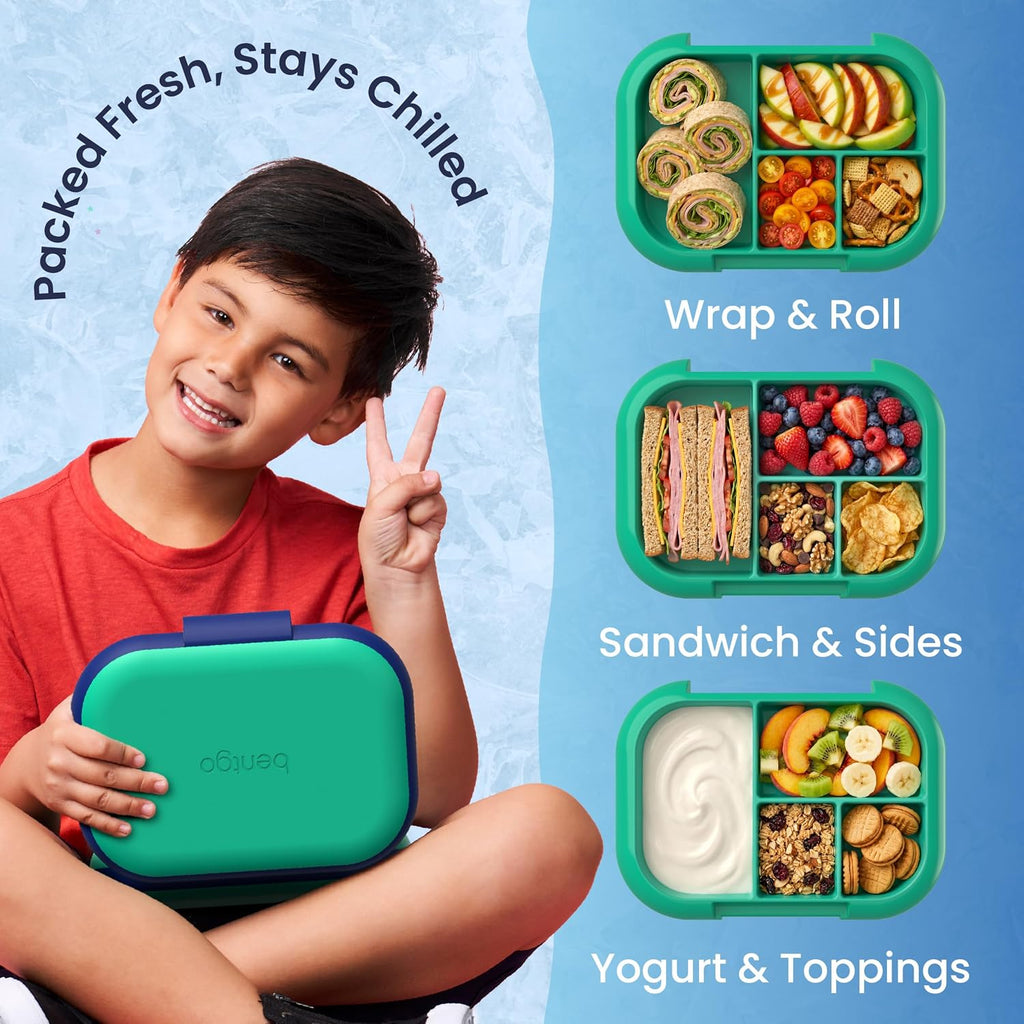 Bentgo Chill Kids 4-Compartment Bento Box Leakproof Lunch Box | Built-In Ice Pack, 3.3 Cup Capacity, Bpa-Free, Microwave & Dishwasher Safe Tray, Ideal for Ages 3–7 (Green/Navy)
