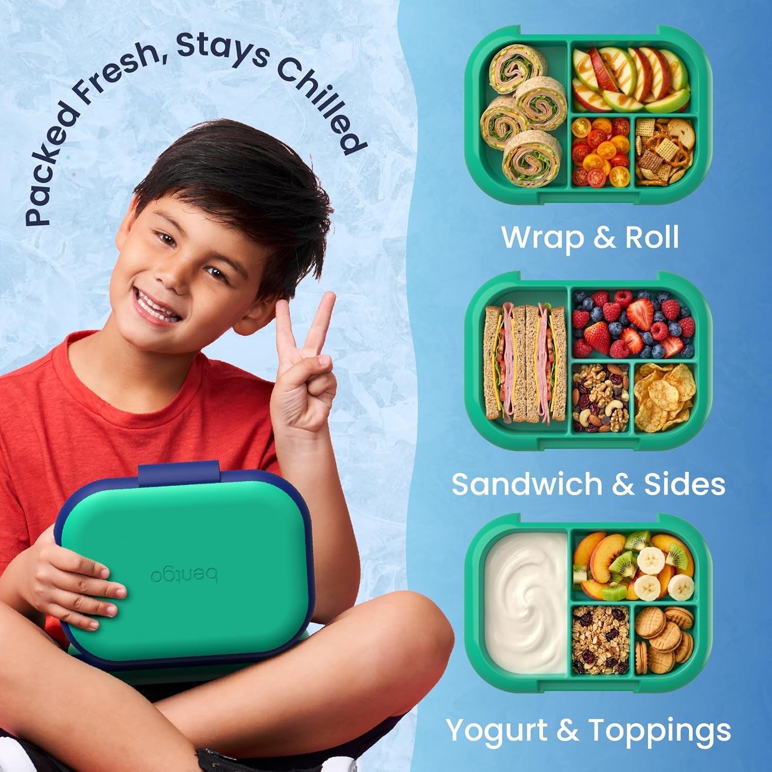 Bentgo Chill Kids 4-Compartment Bento Box Leakproof Lunch Box | Built-In Ice Pack, 3.3 Cup Capacity, Bpa-Free, Microwave & Dishwasher Safe Tray, Ideal for Ages 3–7 (Green/Navy)